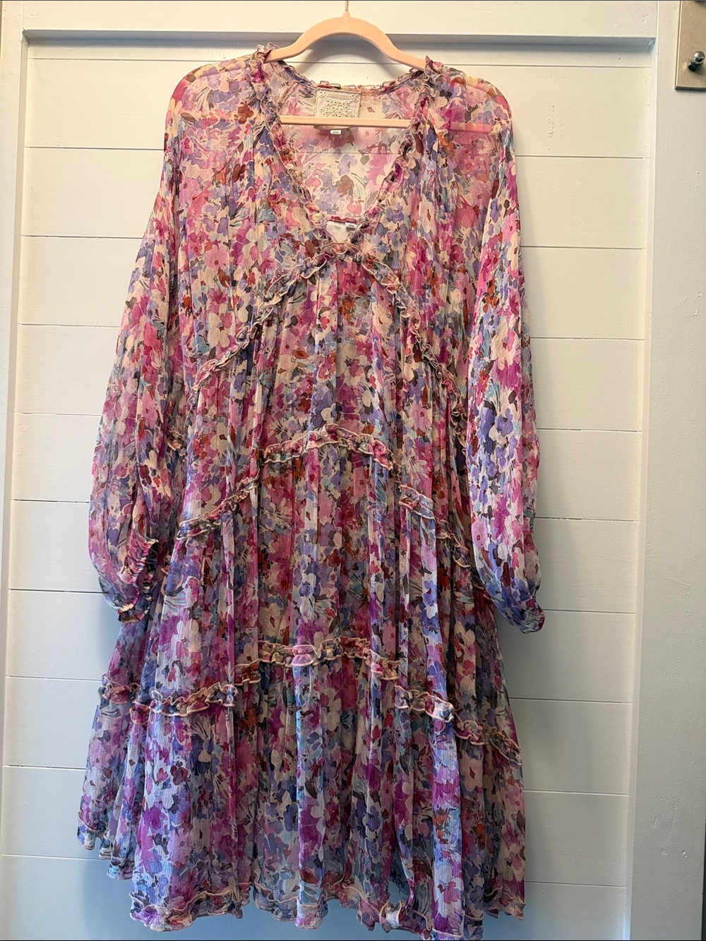 Johnny Was Pink & Purple Floral Tiered Long-Sleeve Dress